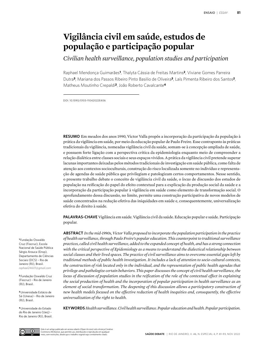 Capa de Vigilância civil em saúde, estudos de população e participação popular
