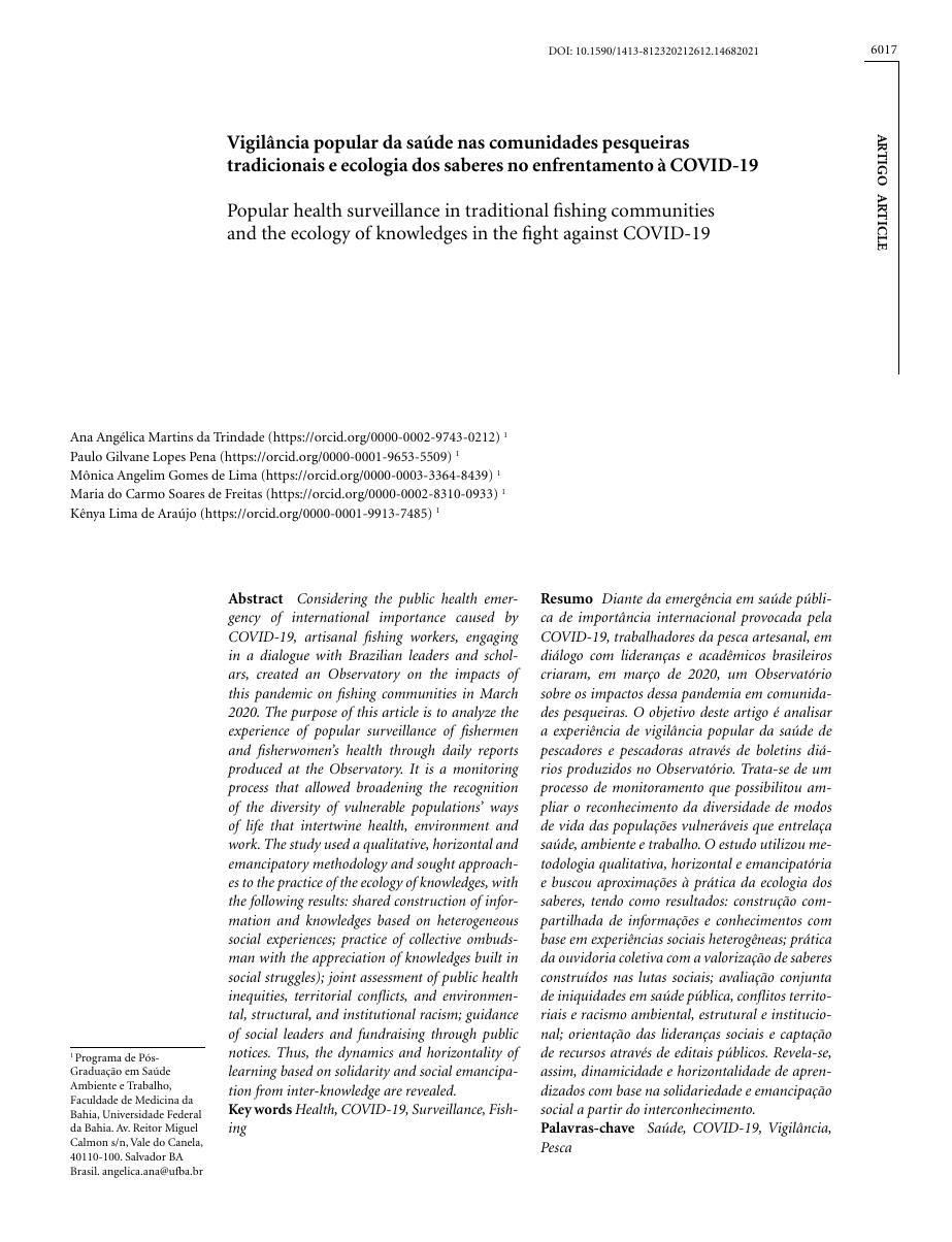 Capa de Vigilância popular da saúde nas comunidades pesqueiras tradicionais e ecologia dos saberes no enfrentamento à COVID-19