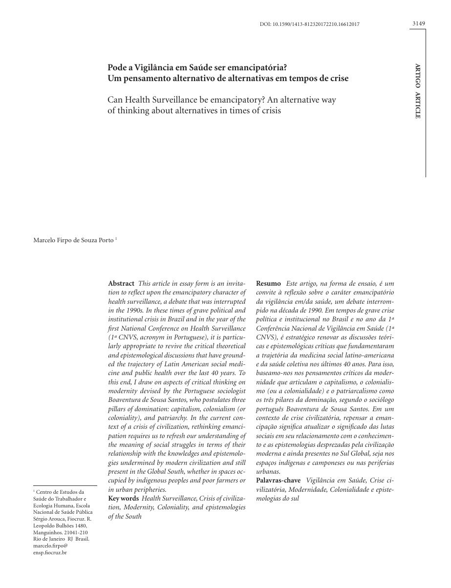 Capa de Pode a Vigilância em Saúde ser emancipatória? Um pensamento alternativo de alternativas em tempos de crise