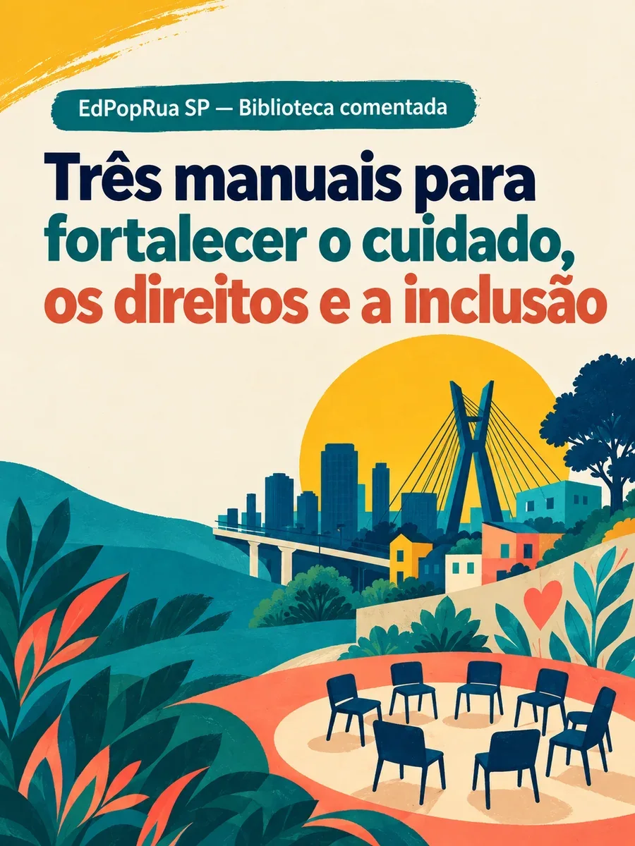 Composição editorial da coleção dos três manuais sobre cuidado, direitos e inclusão