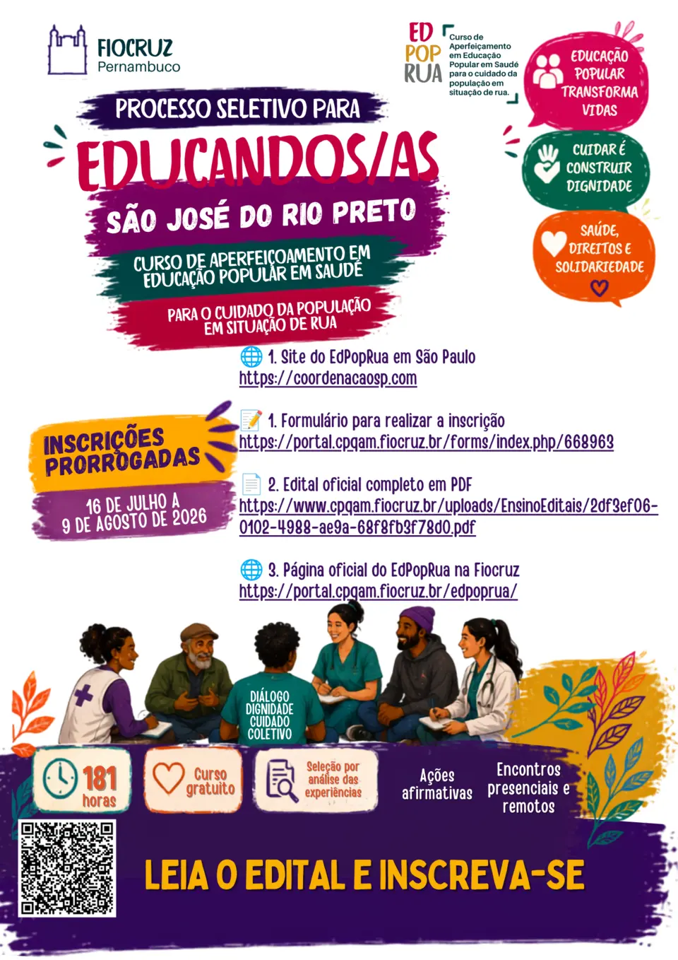 Folder do processo seletivo para educandos e educandas do EdPopRua 2026 em São José do Rio Preto